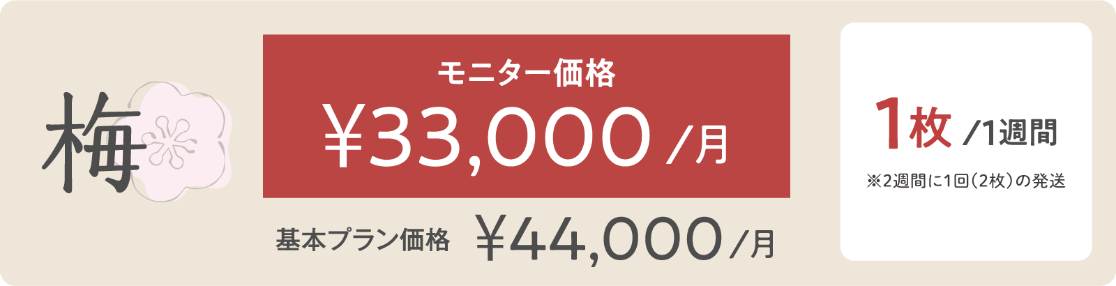 梅モニター価格 ¥33,000/月 1枚/１週間